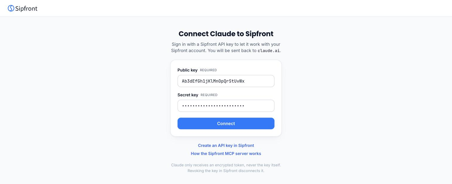 The Sipfront sign-in page of the MCP server