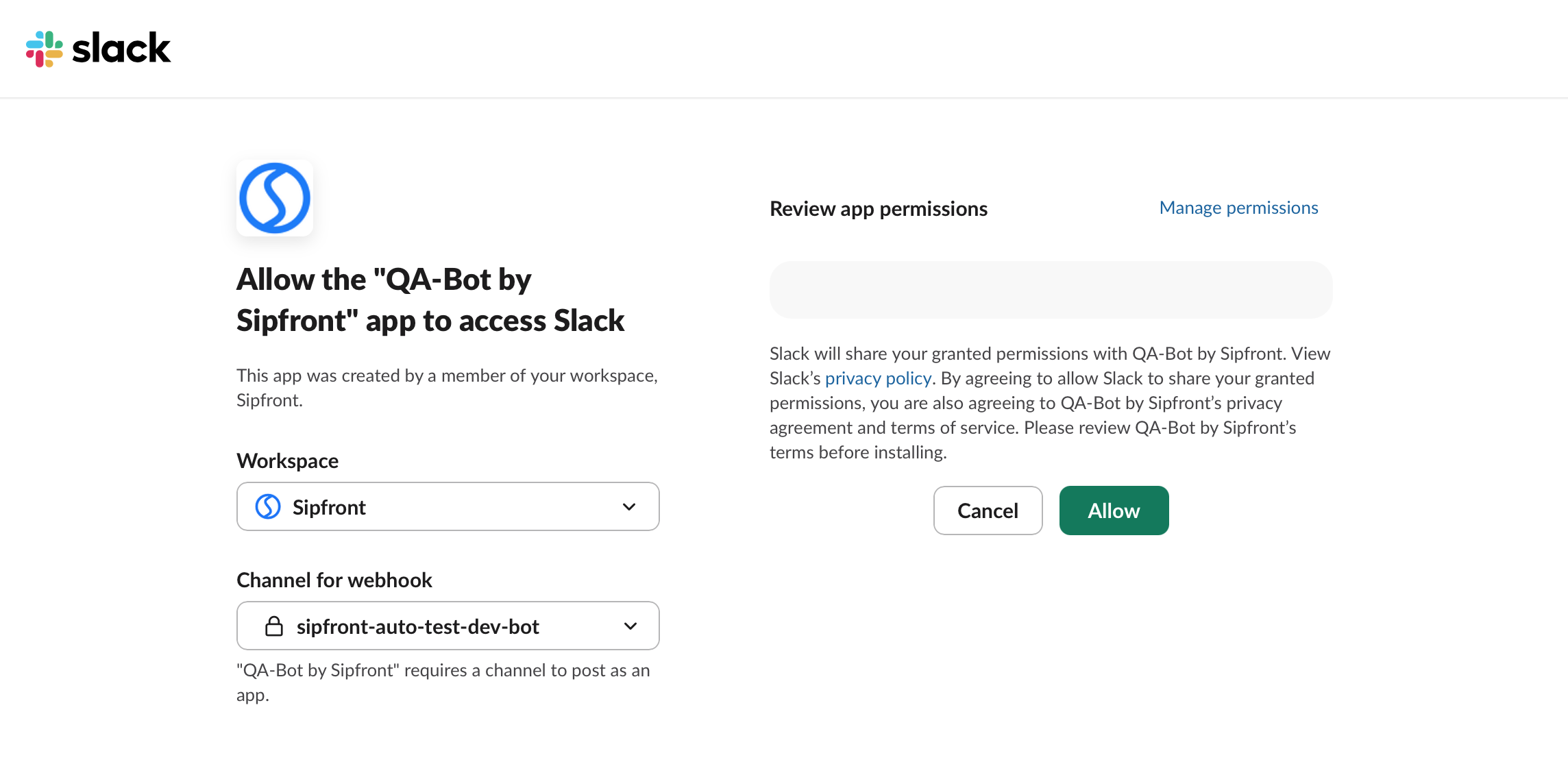 Connect channels of a workspace with Sipfront