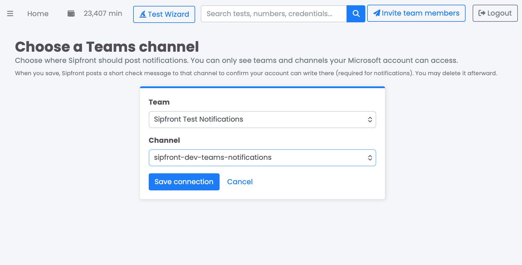 Connect channels of a team with Sipfront